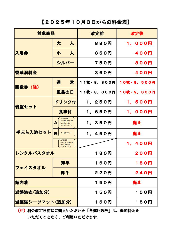 料金改定および他変更のお知らせ | 投稿 | 札幌湯処花ゆづき